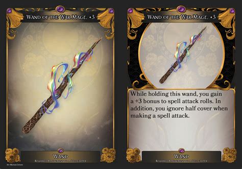 Dnd wand of the warmage - Wand of the War Mage, +1, +2, or +3 Wand, uncommon (+1), rare (+2), or very rare (+3) (requires attunement by a spellcaster) While holding this wand, you gain a bonus to spell attack rolls determined by the wand’s rarity. In addition, you ignore half cover when making a spell attack. 2. Secret Hallway. 